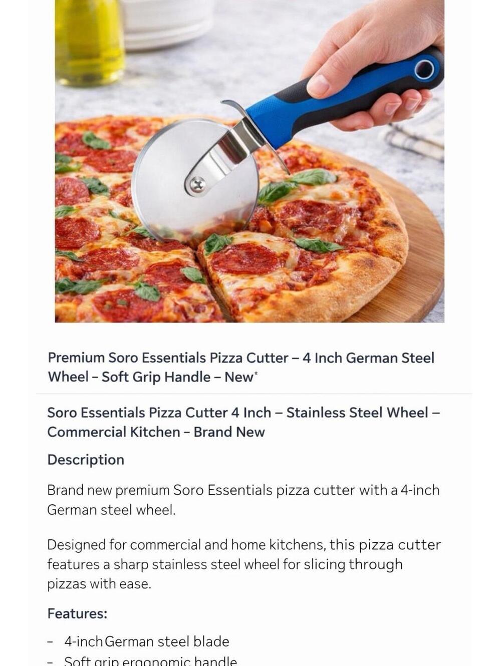 Soro Essentials Pizza Cutter 4 Inch Stainless Steel Wheel Commercial Grade New